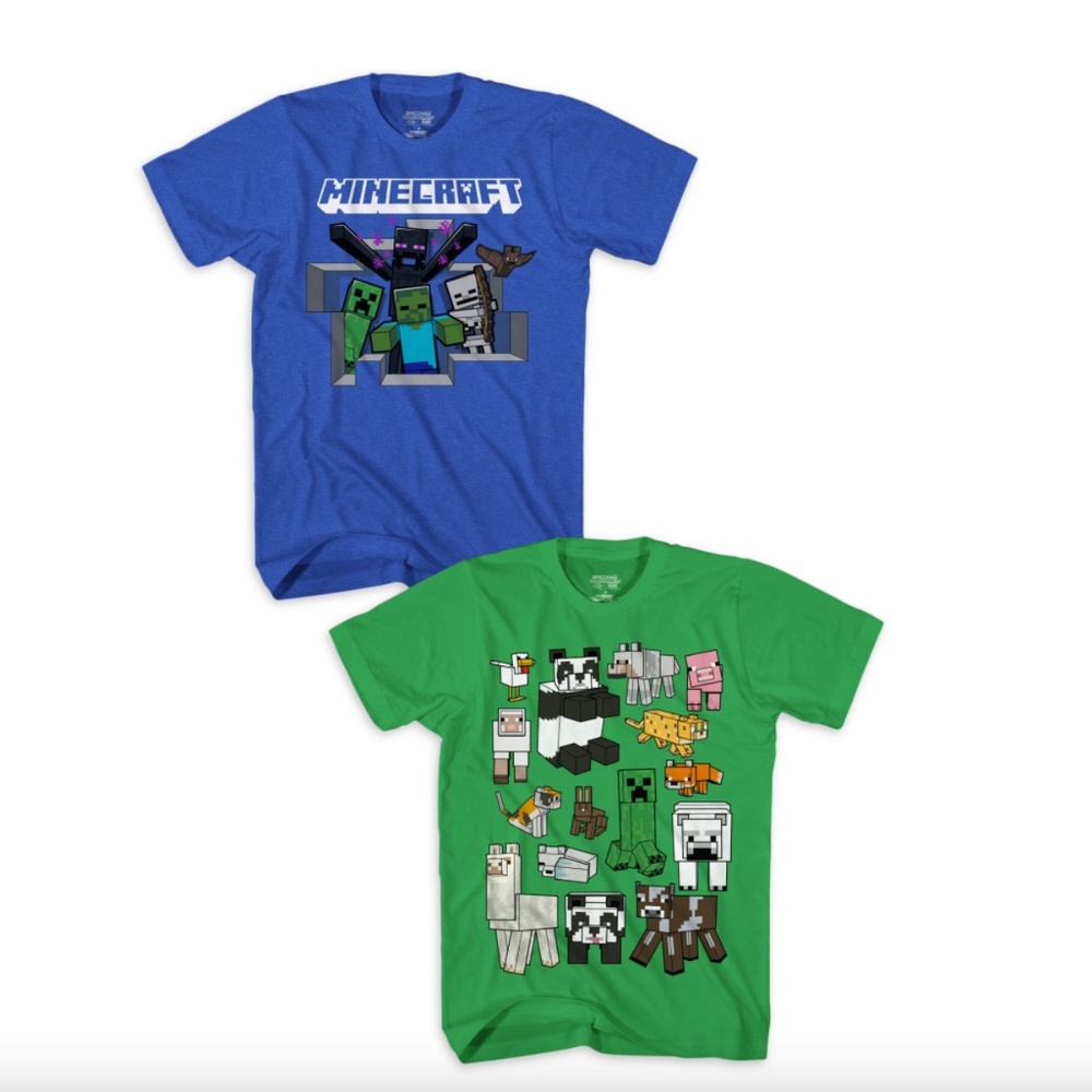 2 NEW MINDCRAFT T-SHIRTS SIZE XL BOYS SIZE 14-16 ATTACK OVERWORLD POPULAR SHIRTS